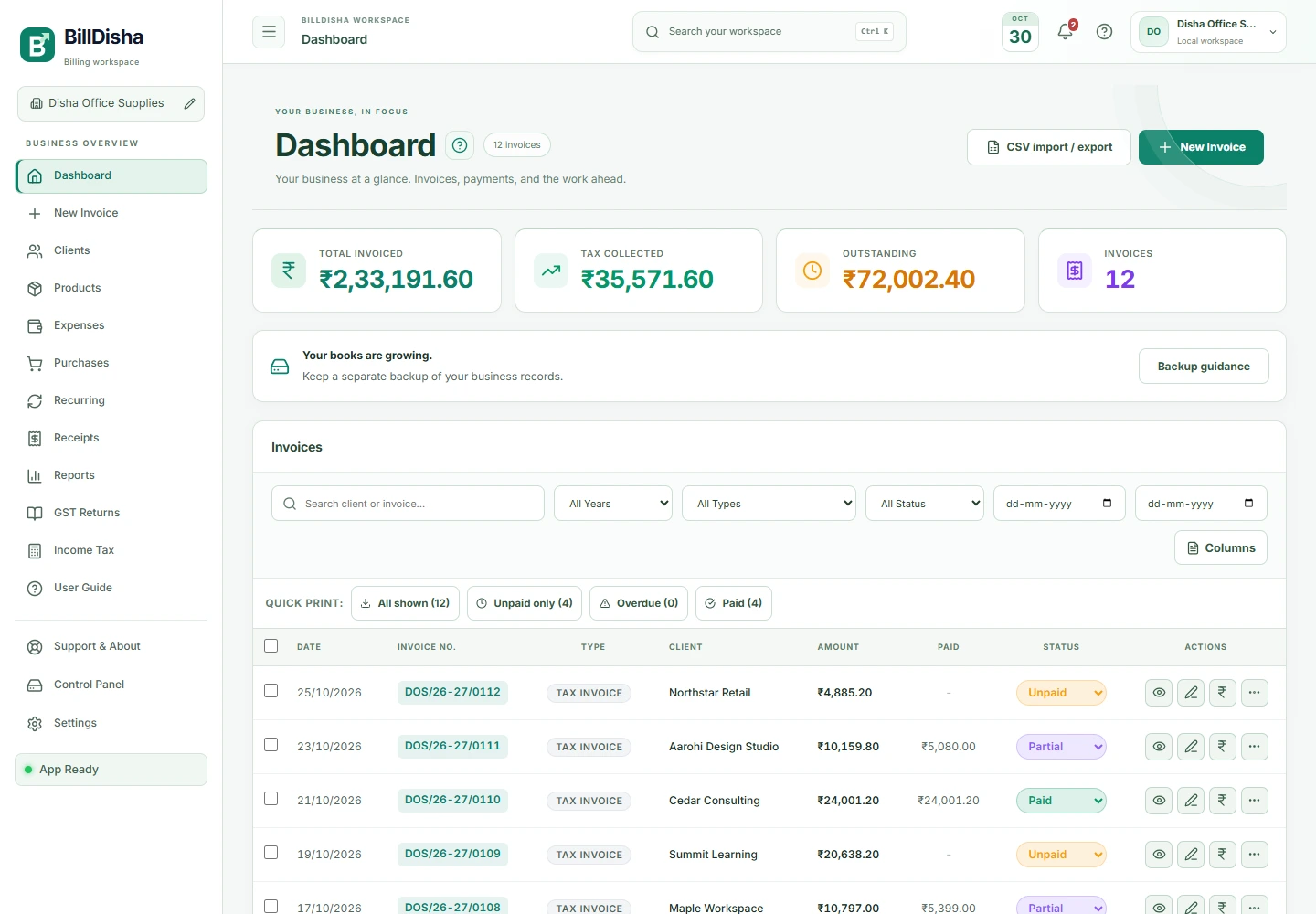 BillDisha dashboard workspace with illustrative business data