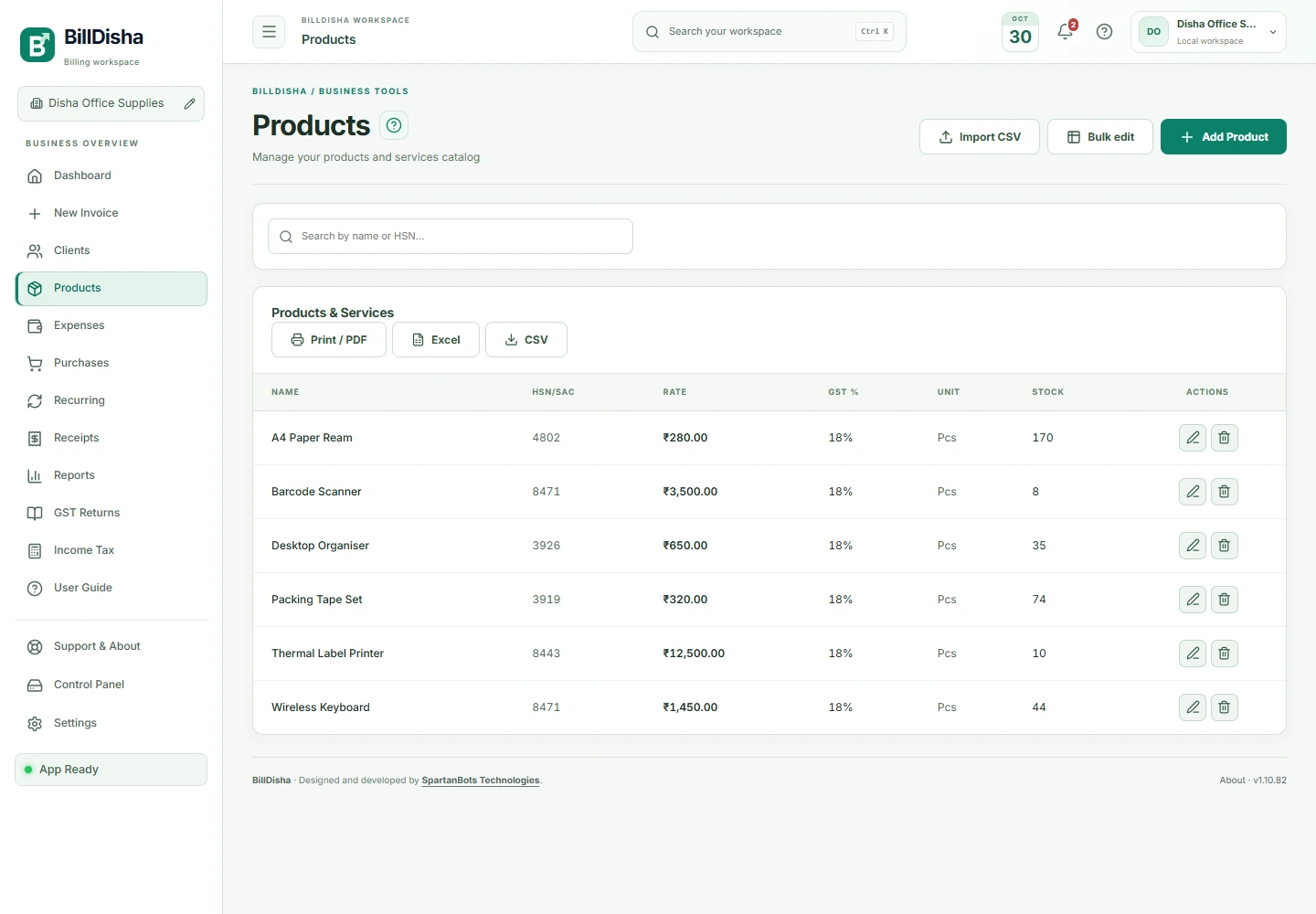 BillDisha inventory workspace with illustrative business data