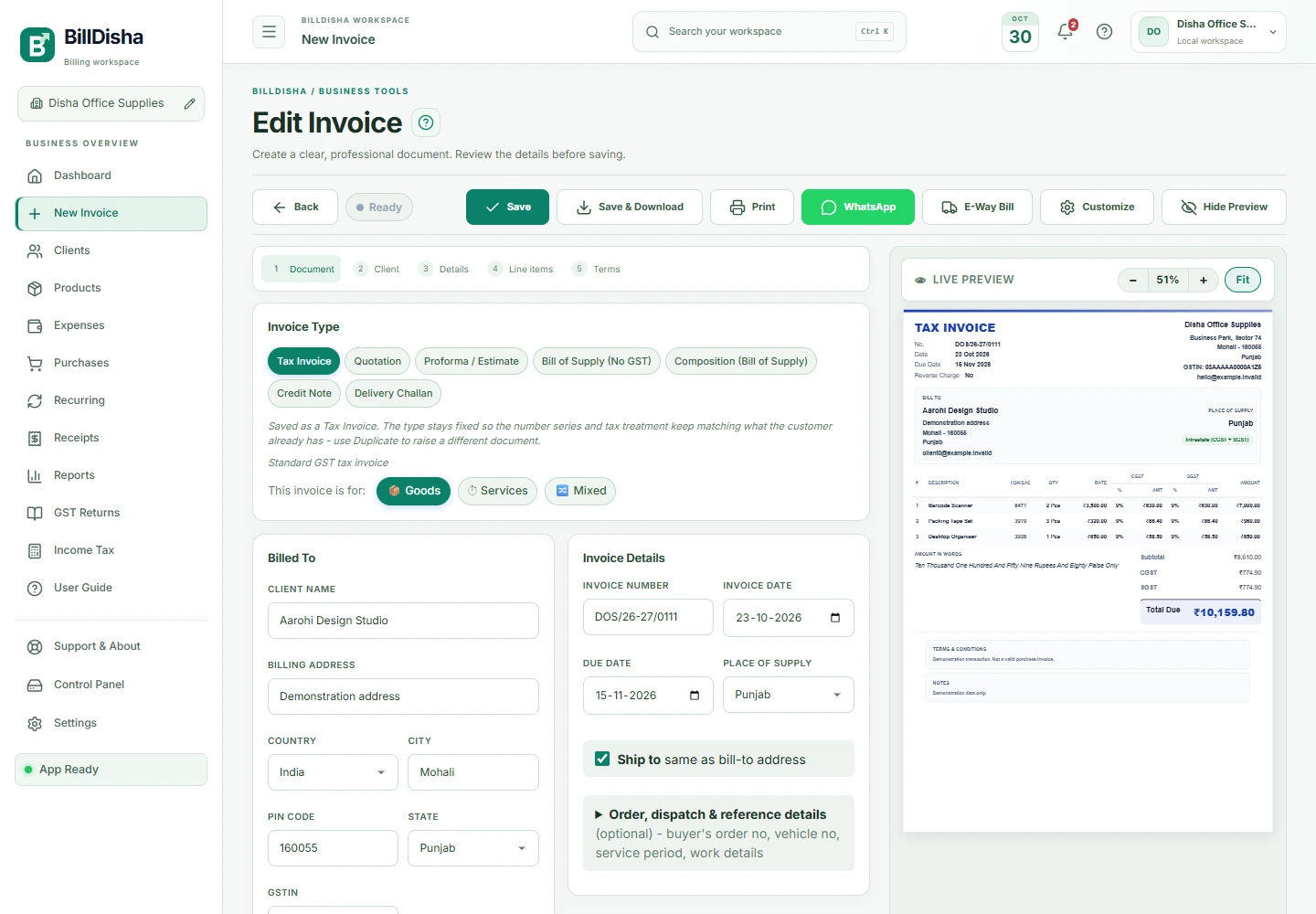 BillDisha invoice editor and document preview