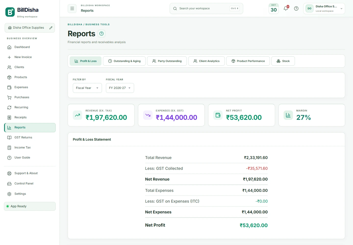 BillDisha reports workspace with illustrative business data